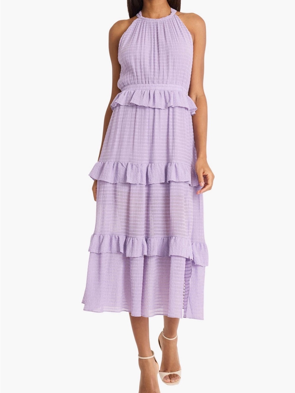 Donna Morgan Lilac Halter Ruffle Midi Dress